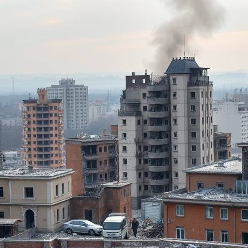 Immagine di edifici distrutti in una citt&agrave; ucraina a seguito di bombardamenti
