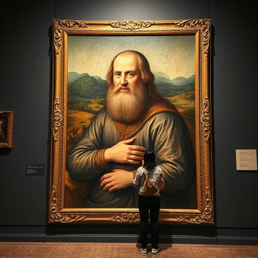 Visitatori ammirano un dipinto di Leonardo da Vinci alla mostra